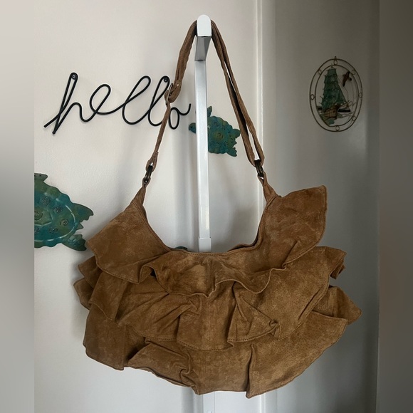 Vintage Lizden Suede Leather Ruffled Hobo Shoulder Bag - Picture 1 of 5